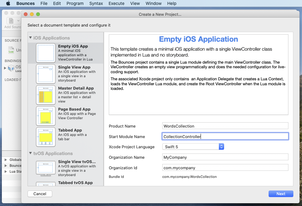 Bounces create project window