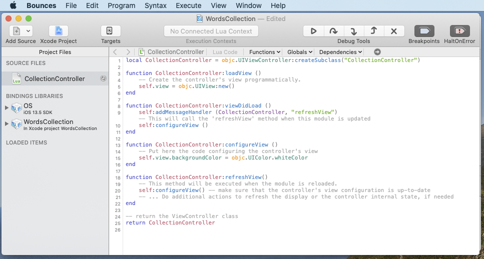 The newly-created WordCollection Bounces project window
