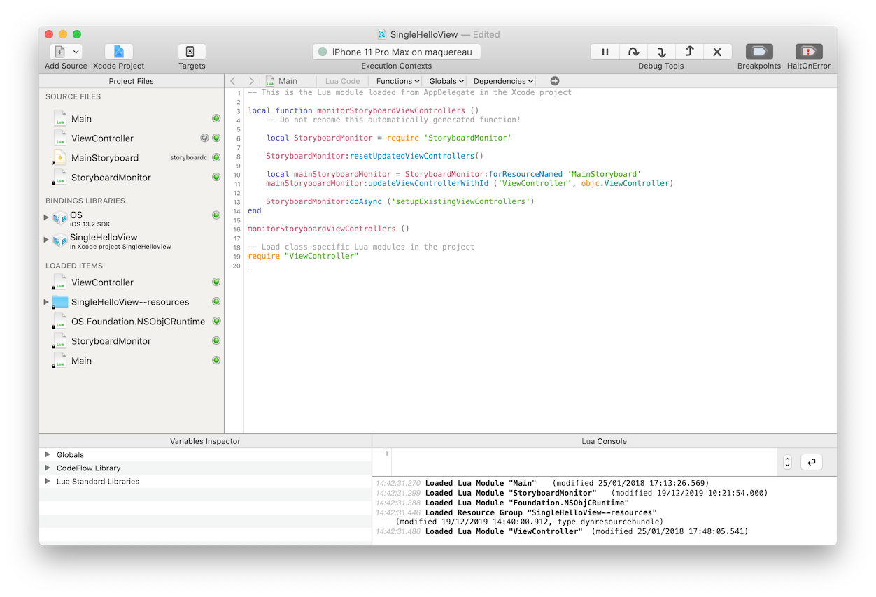 Bounces project with target Lua execution context connected