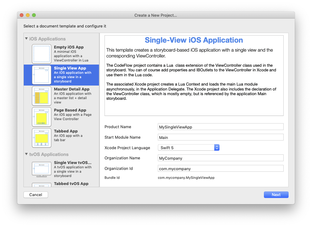 Project template selection window
