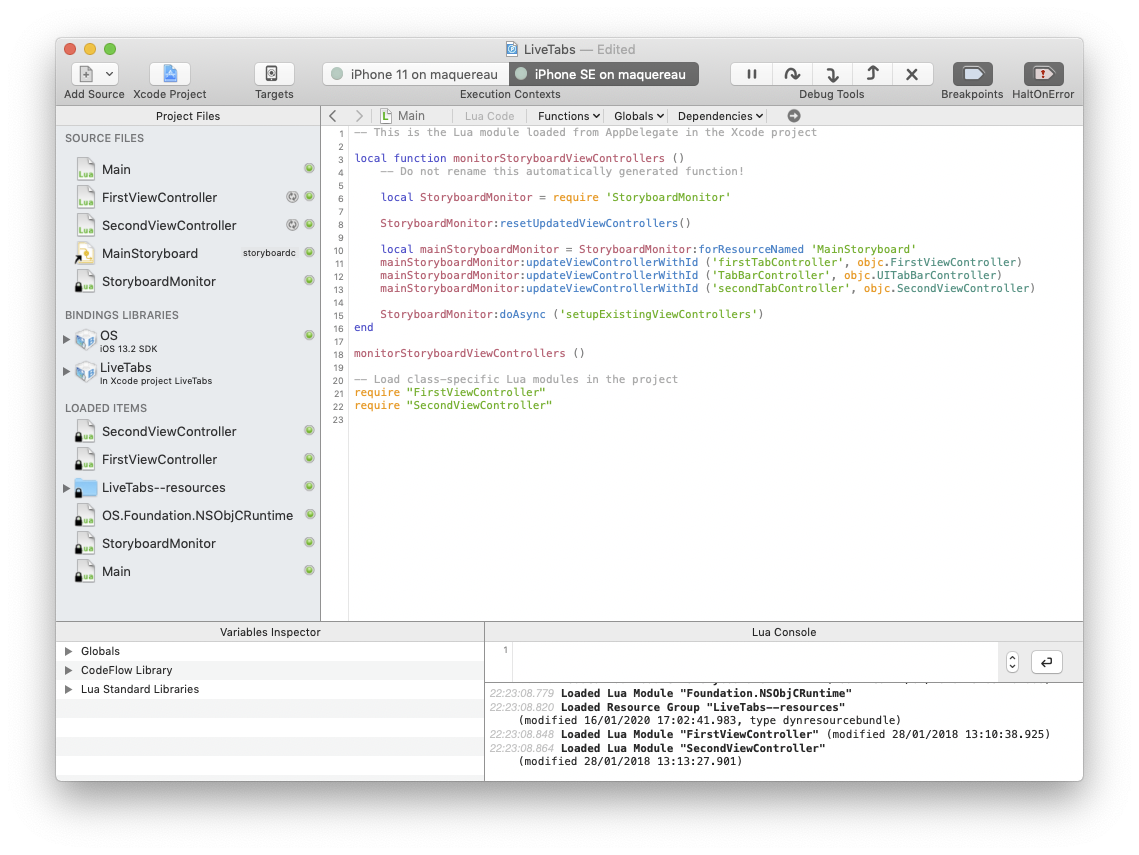 Bounces project window with two connected execution contexts