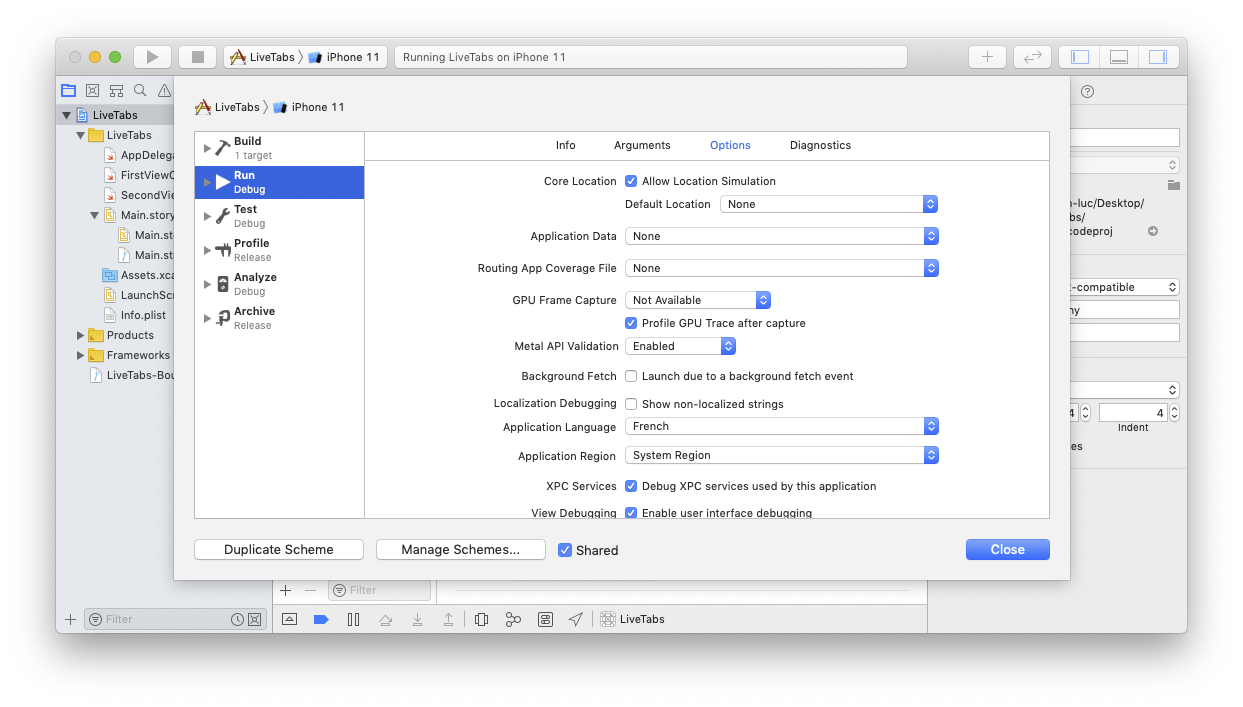 Application language configuration in Xcode scheme editor