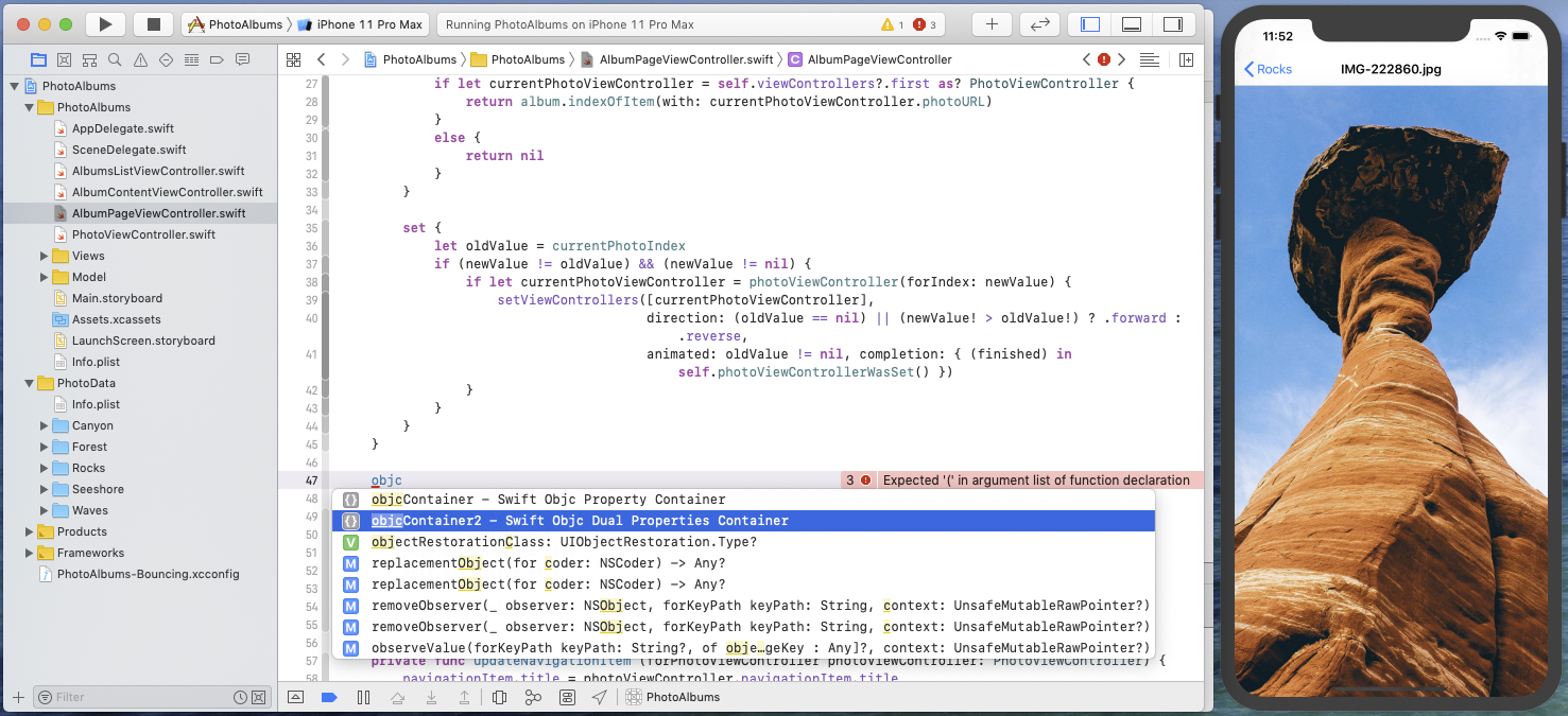 Inserting a state property container: Xcode completions