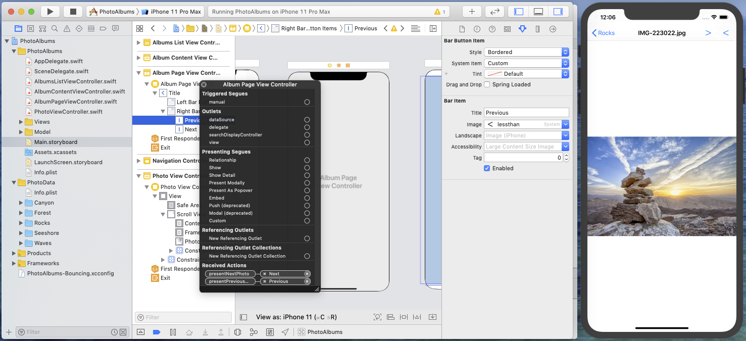 Previous button added to Album Page View Controller in storyboard